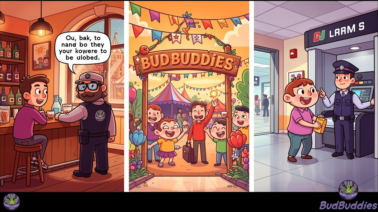 Cartoon scenes comparing security checks at bar festival and airport