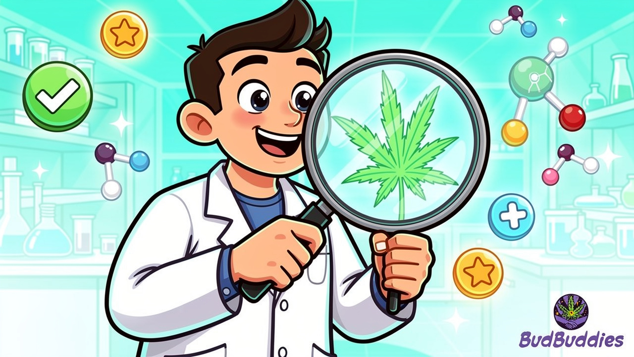 Cartoon scientist checking cannabis quality with magnifying glass