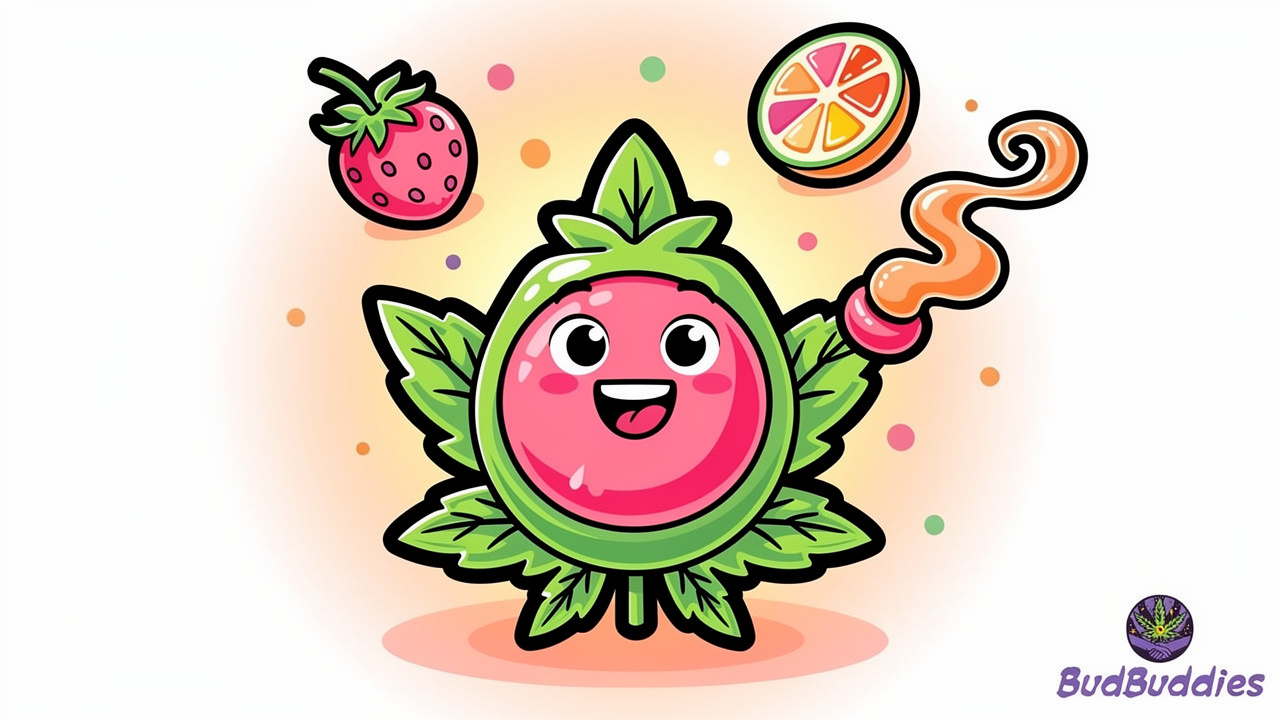Cartoon cannabis bud with fruity aroma icons