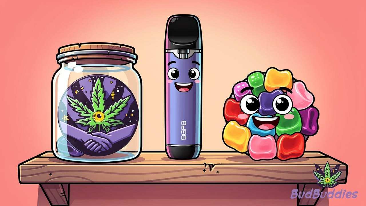 Cartoon flower vape and edible cannabis formats
