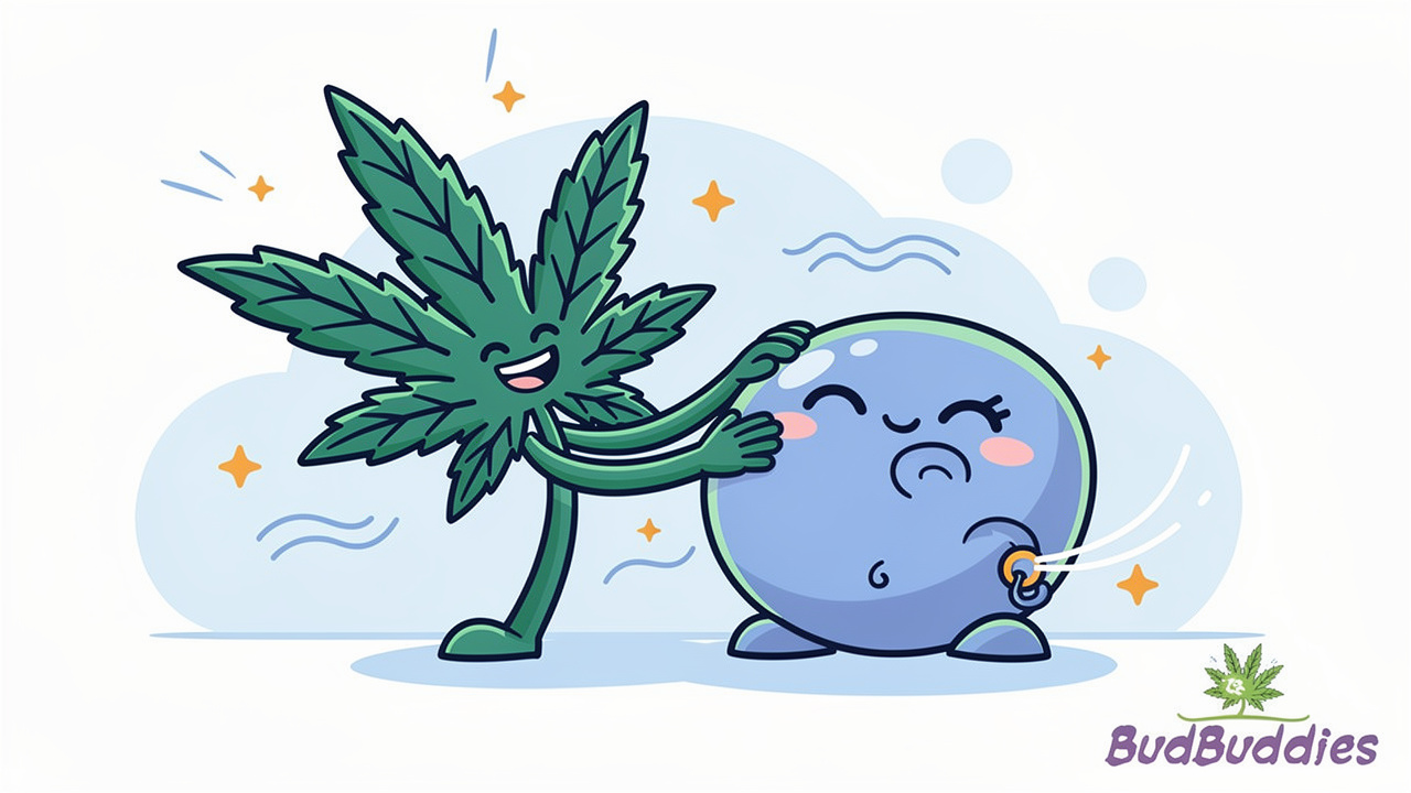 Cartoon cannabis leaf comforting a calm stomach character