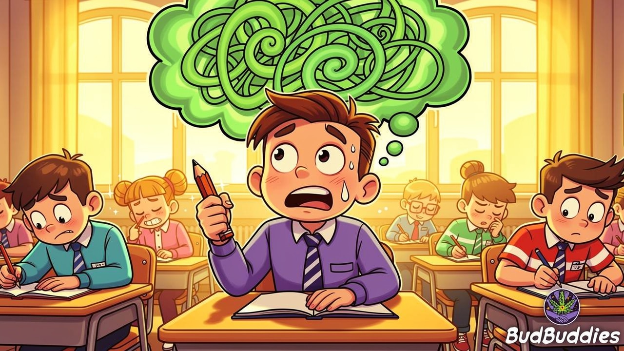 Cartoon student experiencing anxiety in exam hall