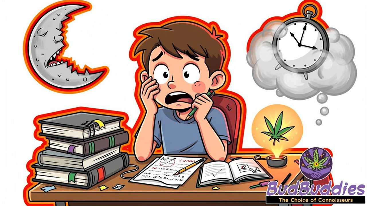 Cartoon student showing weed risks during exam season