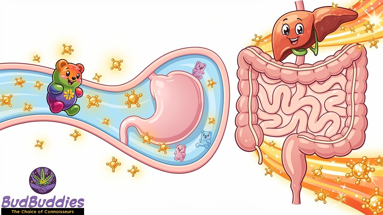 Cartoon showing how weed gummies are absorbed by the body