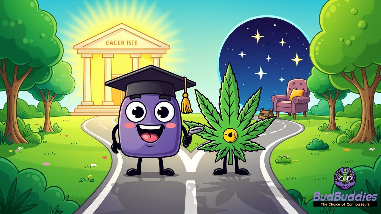 Cartoon graduation cap and cannabis leaf at a morning decision crossroads