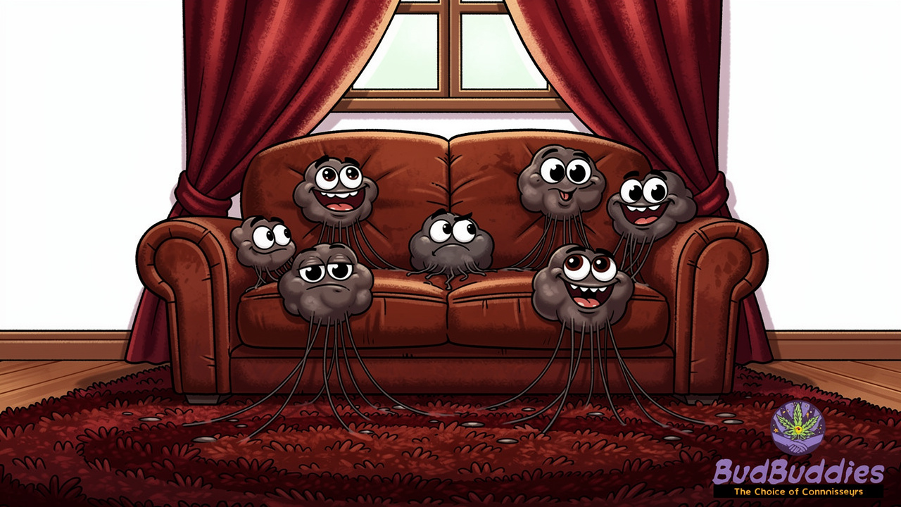 Cartoon smoke particles clinging to soft furnishings in a room