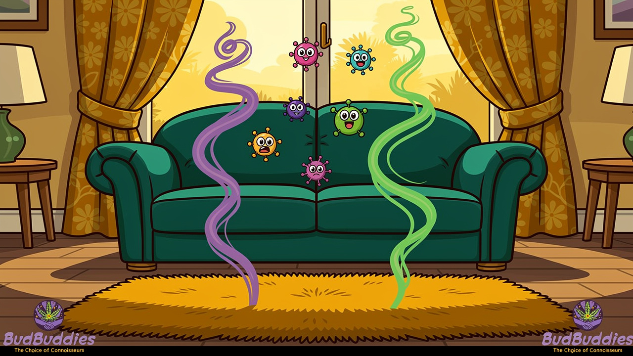 Cartoon illustration of cannabis odour clinging to soft furnishings