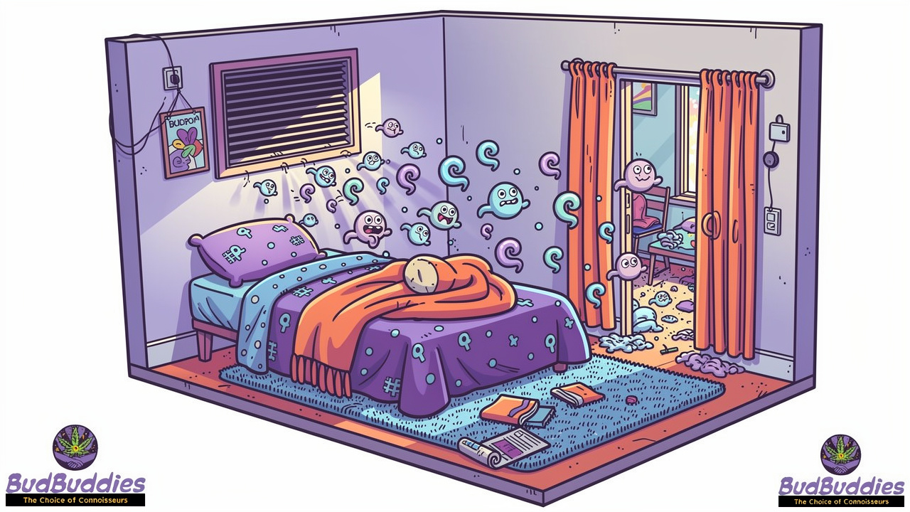 Cartoon showing odour particles clinging to bedroom fabrics