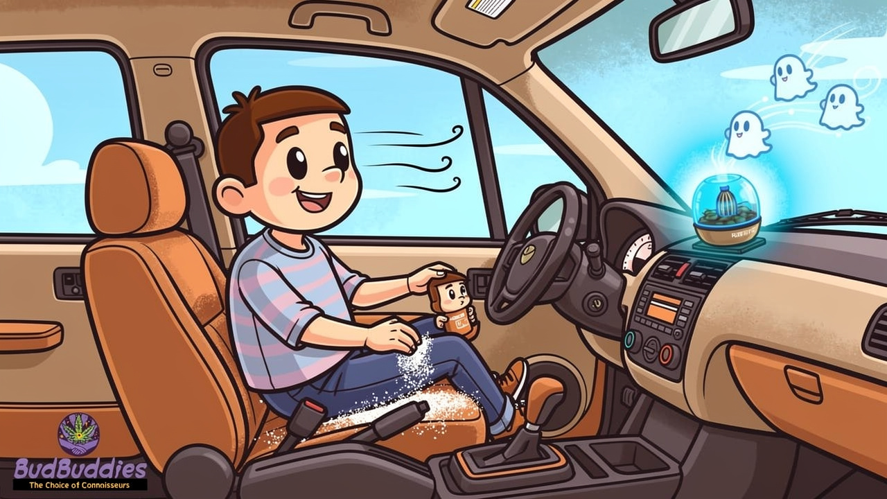 Cartoon showing how to remove cannabis smell from a car interior