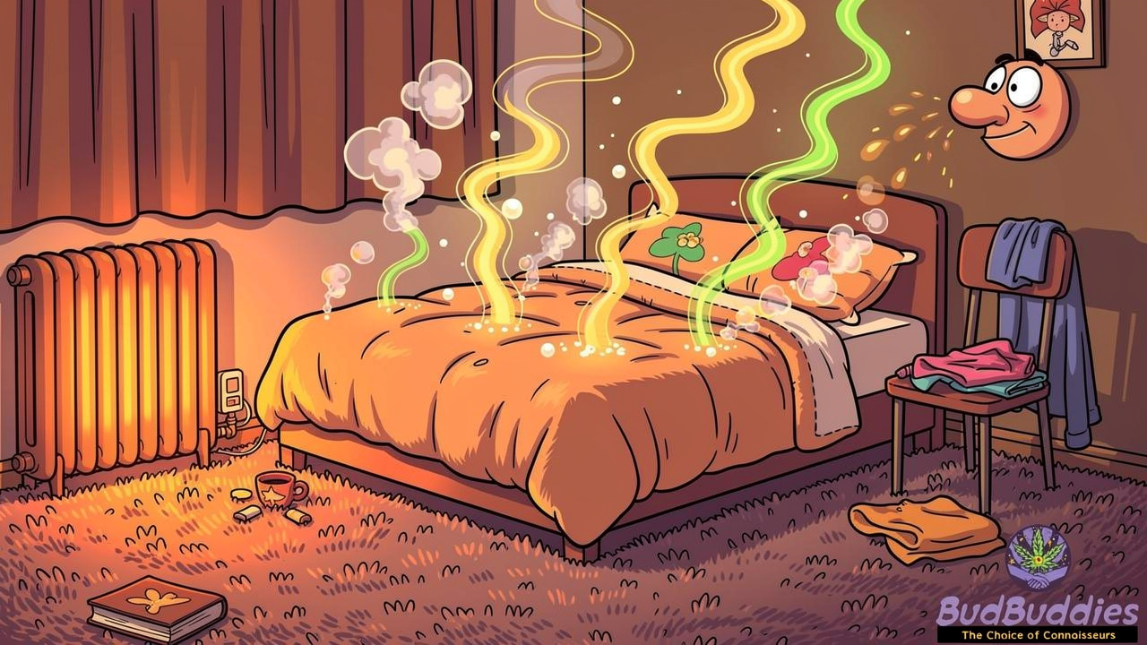 Cartoon showing weed smell clinging to fabrics in student room