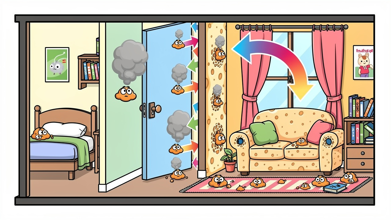 Cartoon showing how weed smell spreads through a student flat