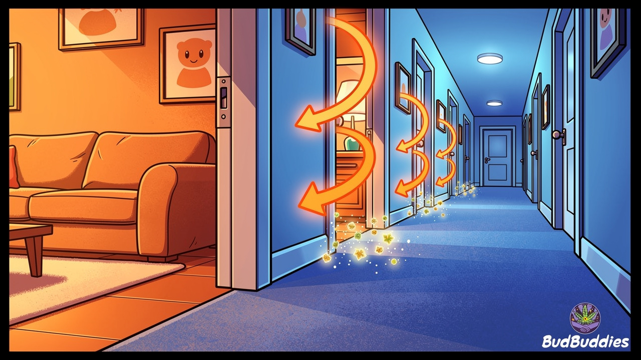 Cartoon showing warm air and odour drifting under door into hallway