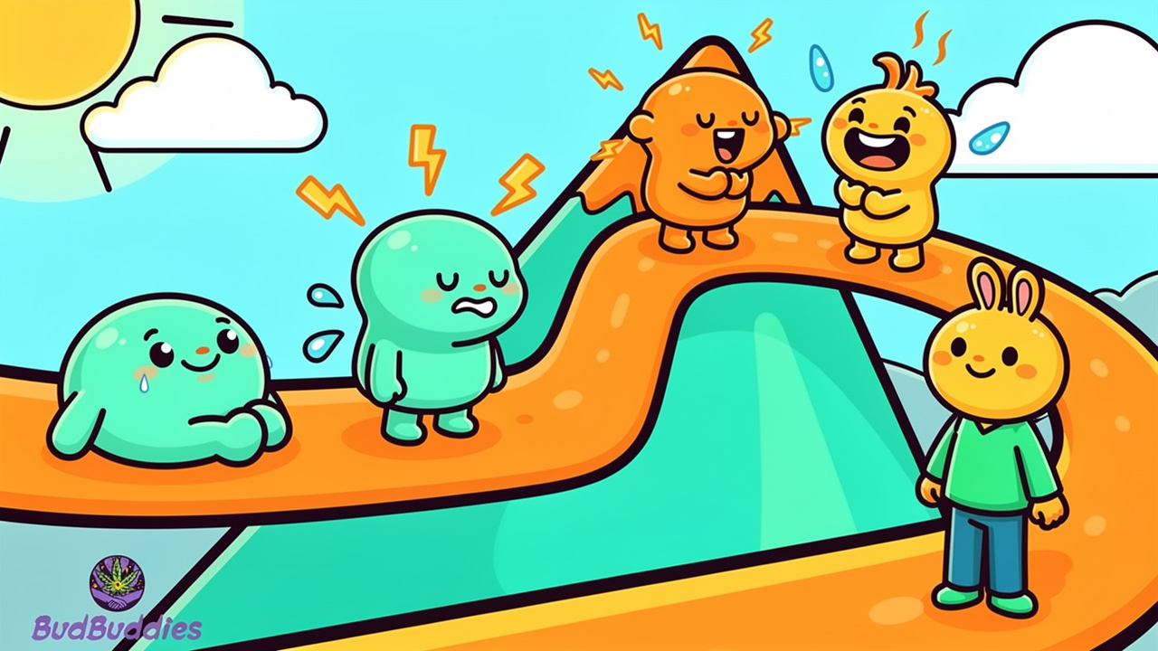 Cartoon mountain path showing cannabis withdrawal day by day timeline