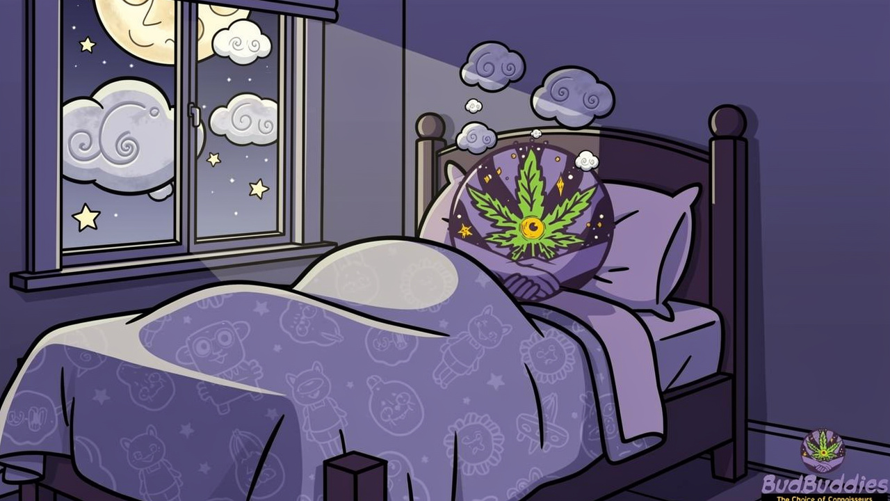 Cartoon person sleeping with vivid dream bubbles floating above