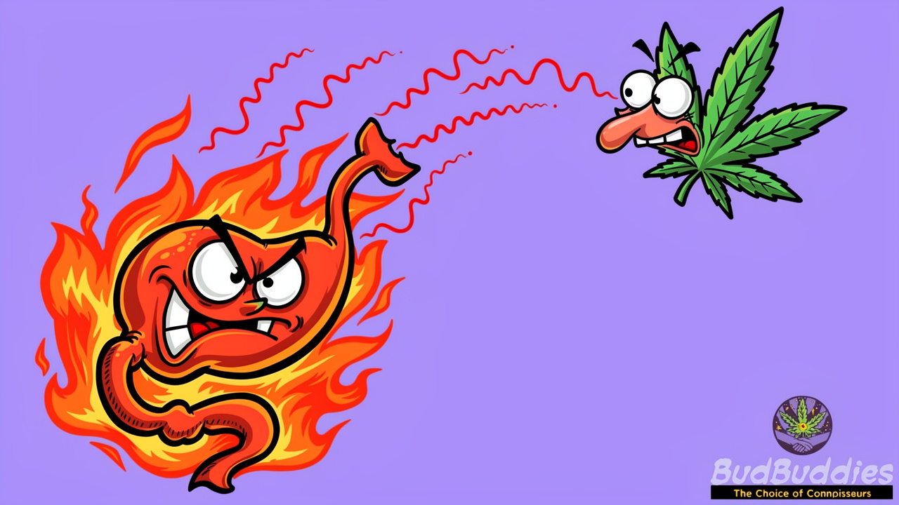 Cartoon stomach character showing worsened acid reflux from cannabis