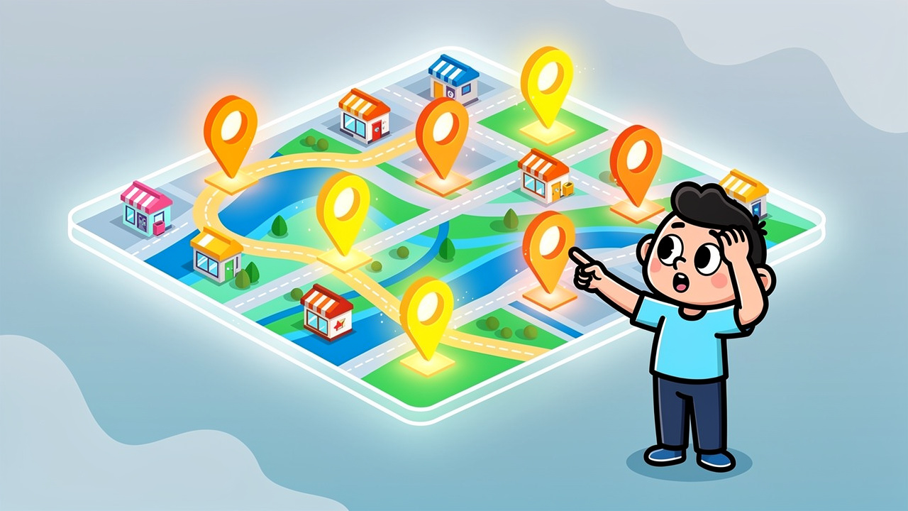 Cartoon illustration of digital cannabis map with location pins