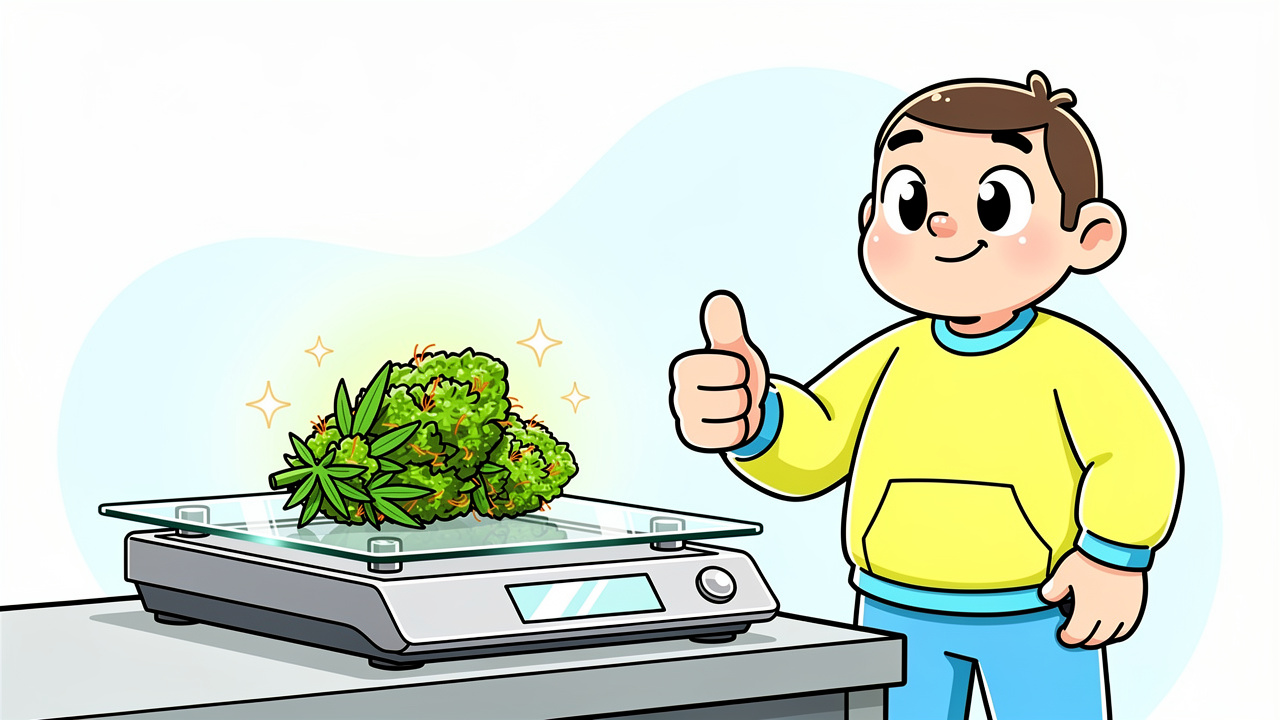 Cartoon character weighing cannabis on digital scales