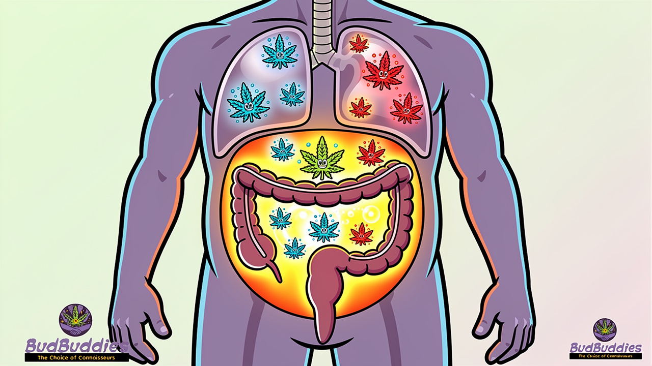 Cartoon digestive system reacting oddly to cannabis molecules