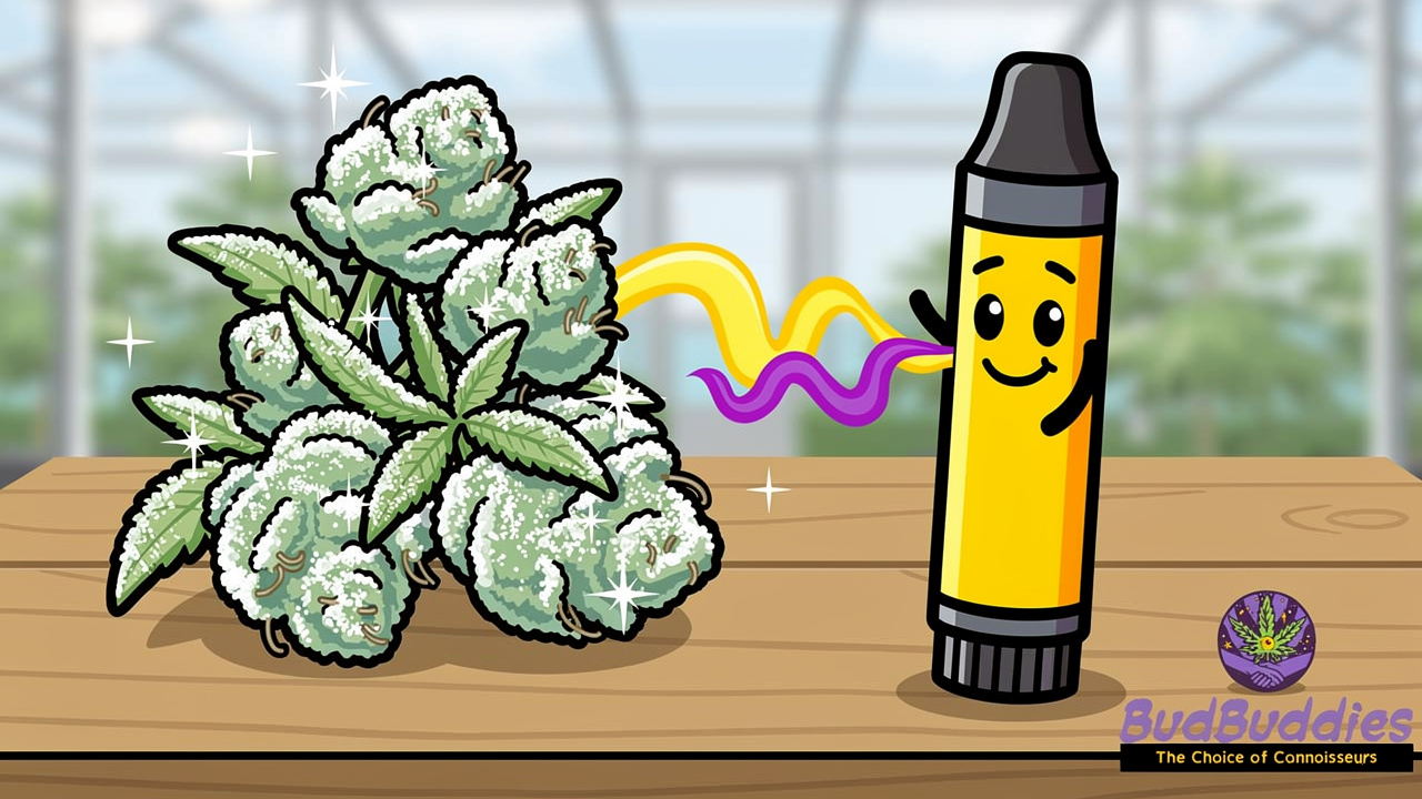 Cartoon cannabis buds representing Scented Marker strain genetics