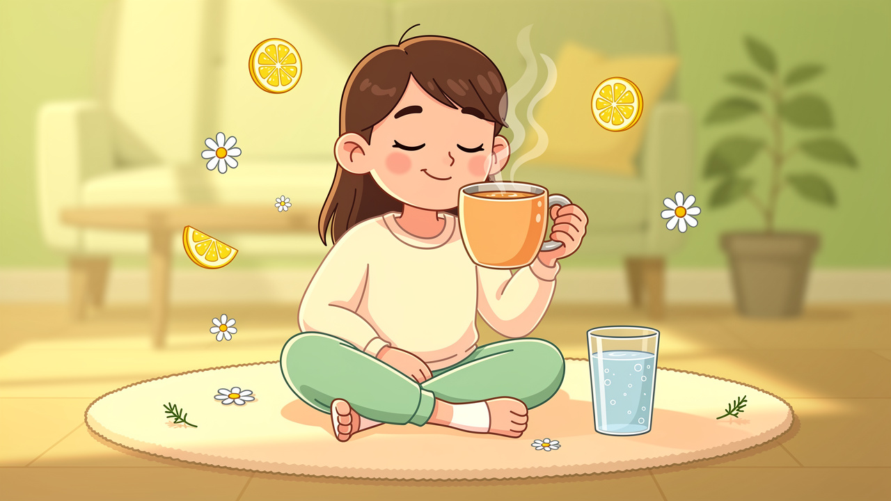 Friendly cartoon character calmly sipping herbal tea and water