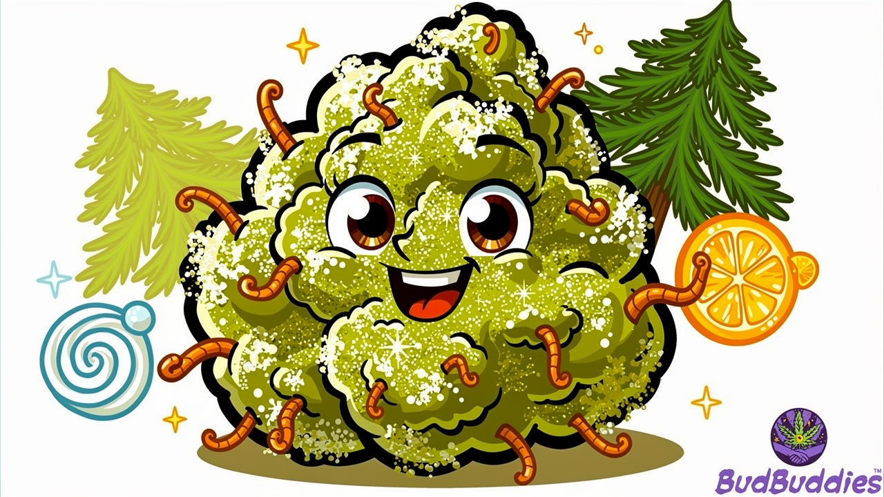 Cartoon frosty bud showing White Widow aroma traits