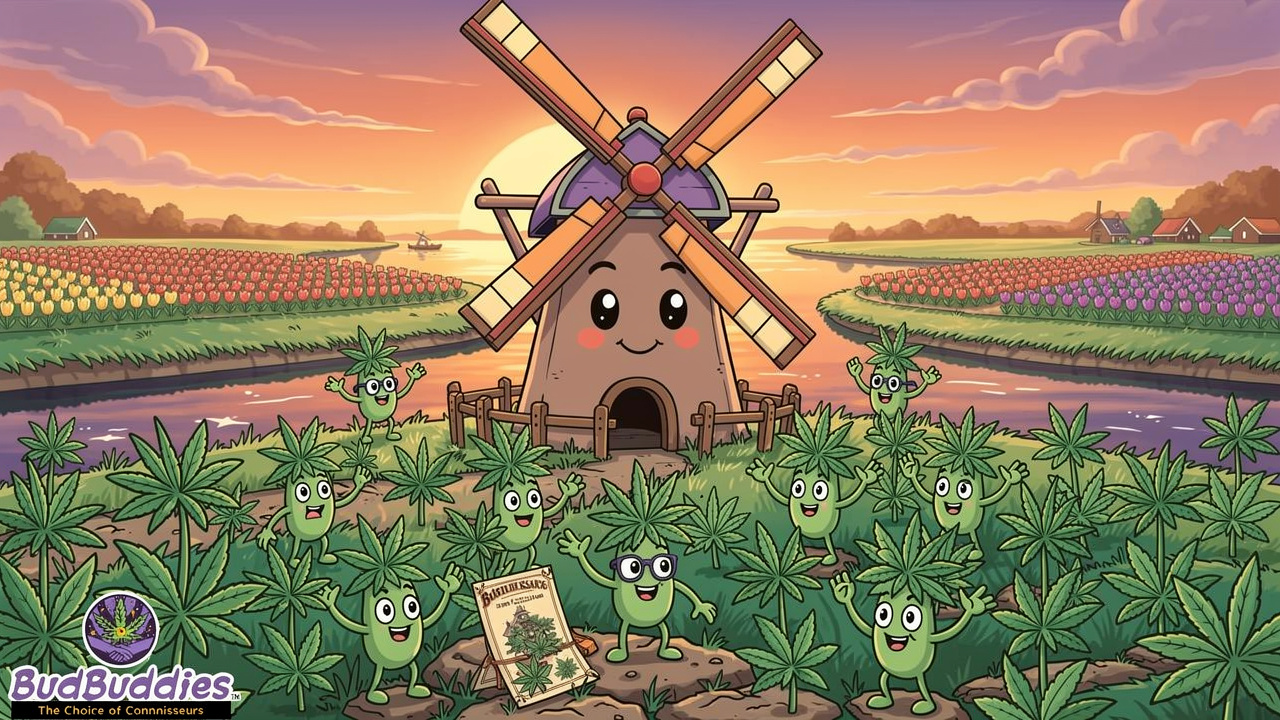 Cartoon Dutch windmill and cannabis field origin story