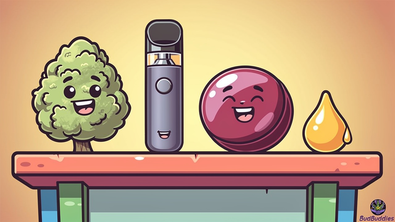 Cartoon characters representing different cannabis product formats
