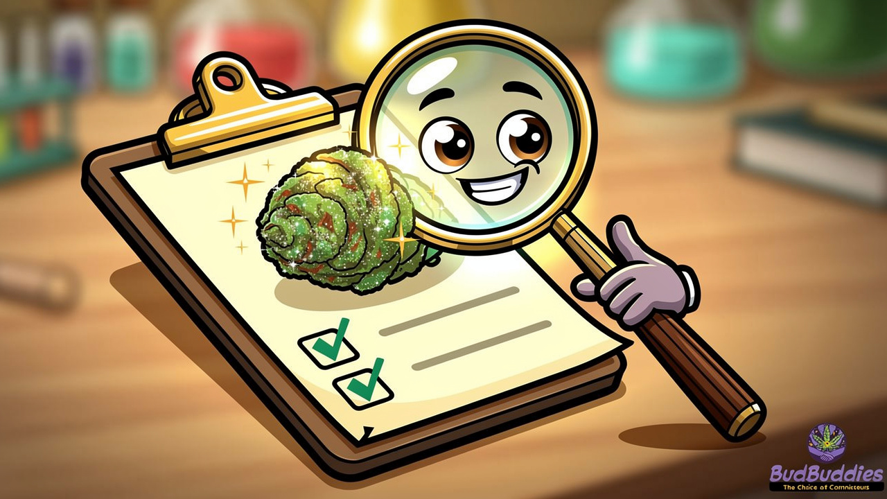 Cartoon magnifying glass inspecting quality cannabis bud