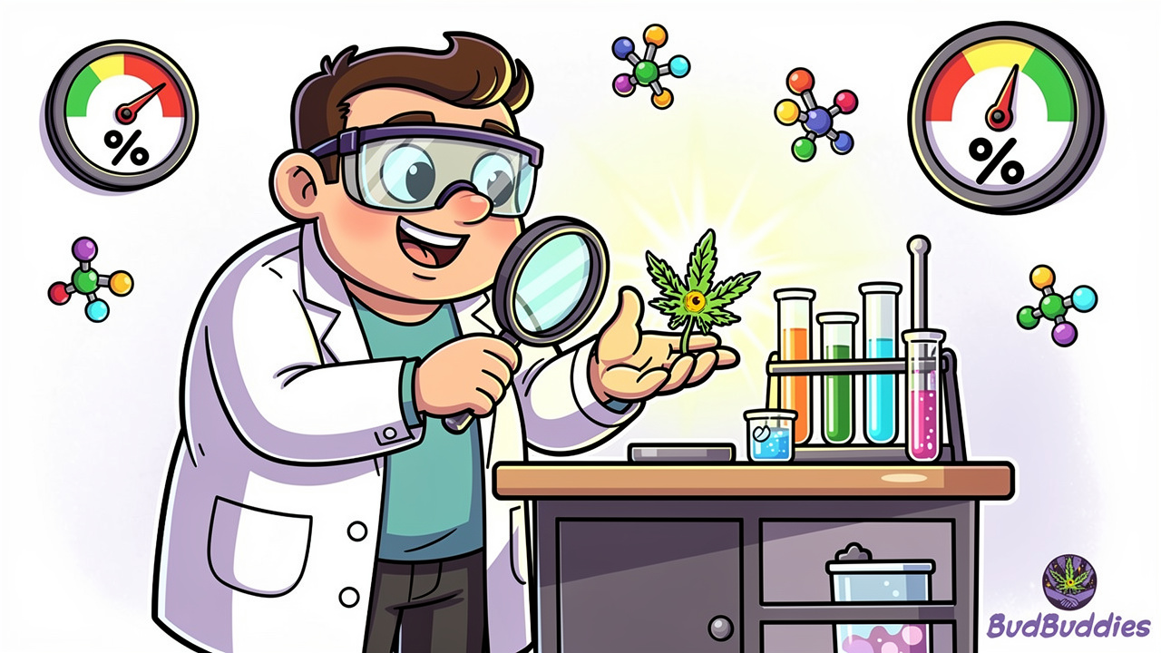 Cartoon scientist testing White Widow potency levels