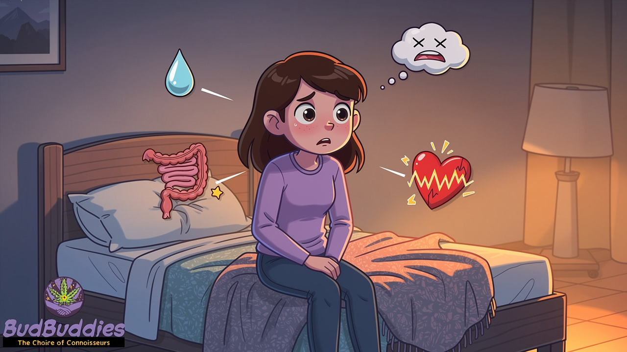 Cartoon woman experiencing withdrawal symptoms at night