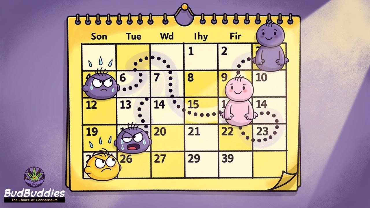 Cartoon calendar showing withdrawal symptoms peaking and easing