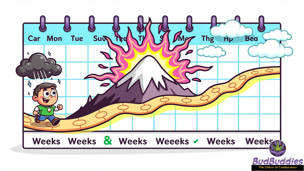 Cartoon timeline showing withdrawal symptoms easing over weeks