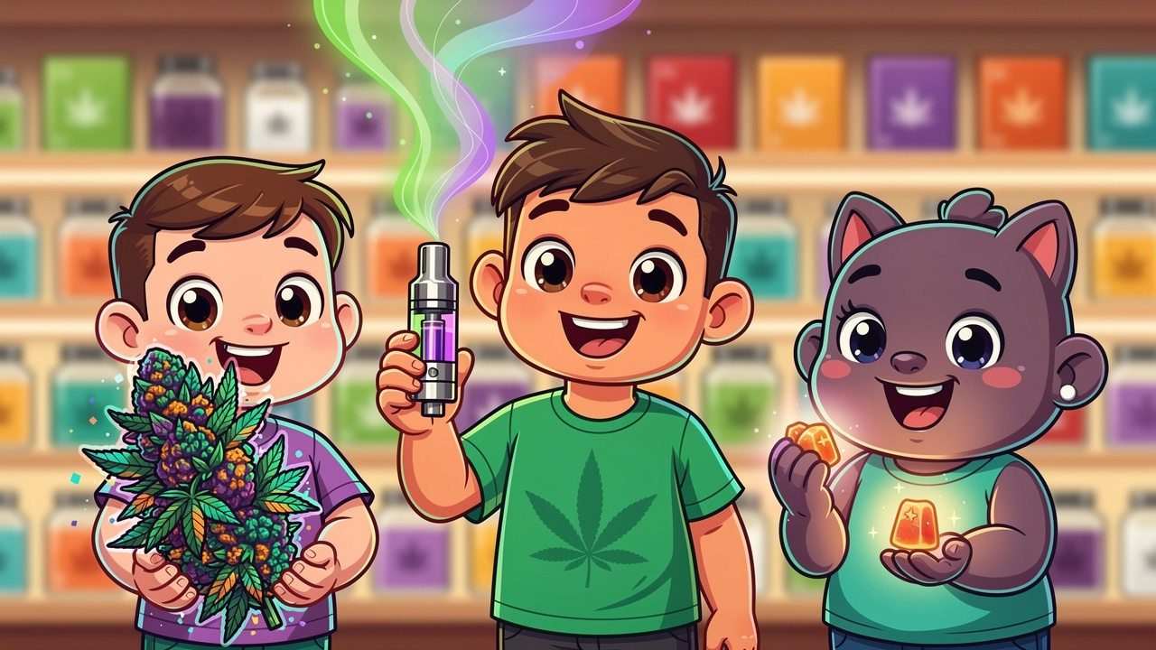 Cartoon characters comparing flower, vape, and edible cannabis formats