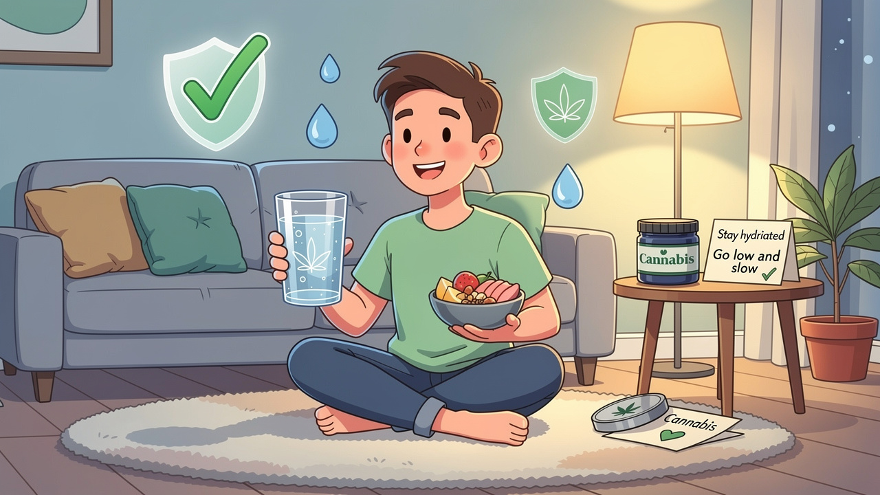 Cartoon character staying hydrated to manage cannabis side effects