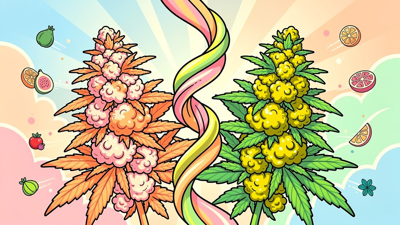 Cartoon of Rainbow Sherbet and Pink Guava cannabis plants merging