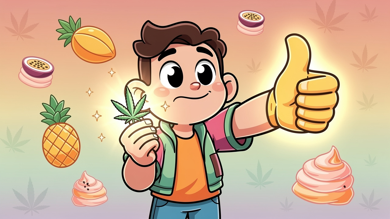 Cartoon character giving Zoap strain a glowing thumbs up
