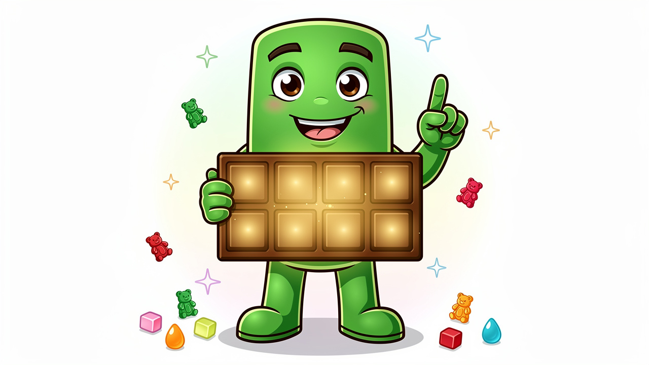 Cartoon character showing chocolate bar divided into doses