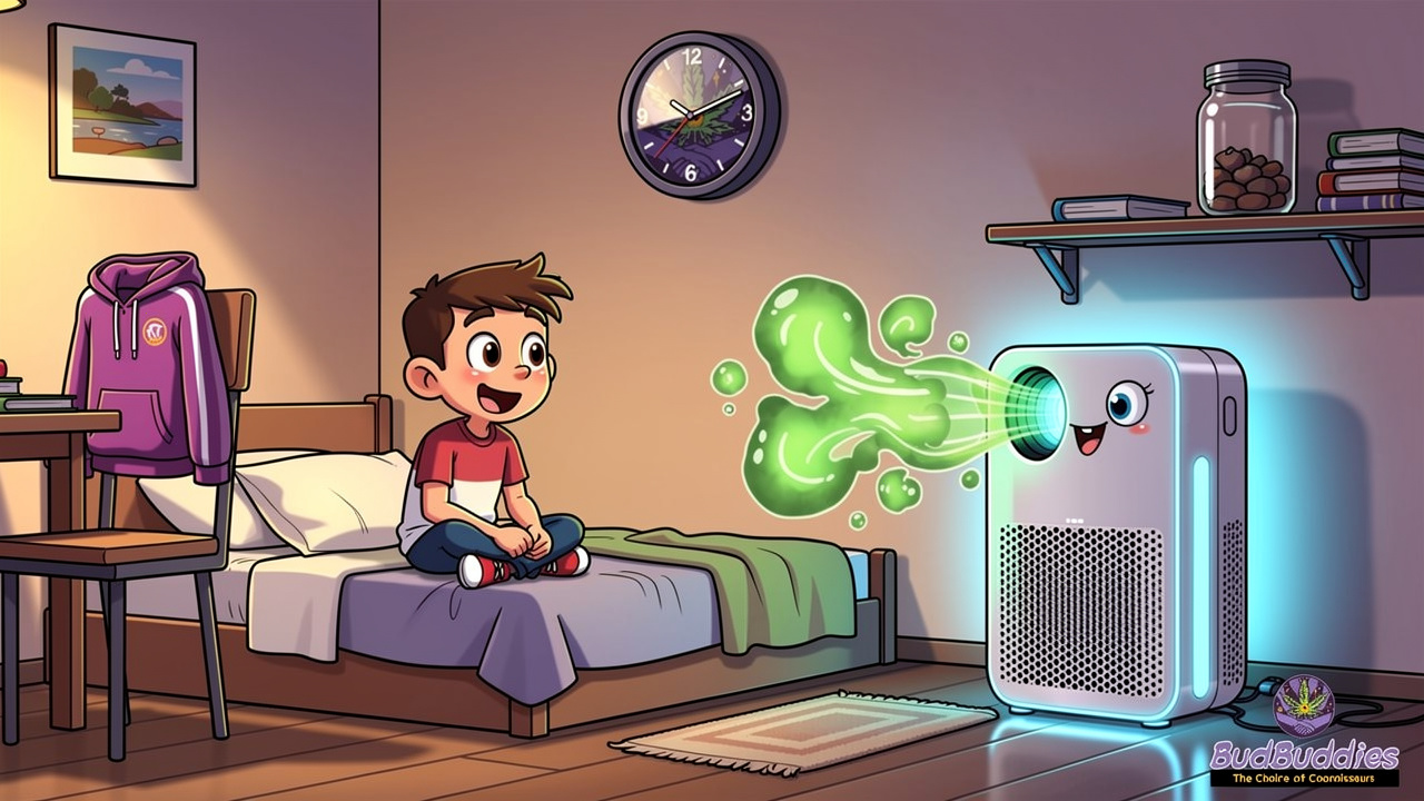 Cartoon student room with air purifier placed near smoking spot