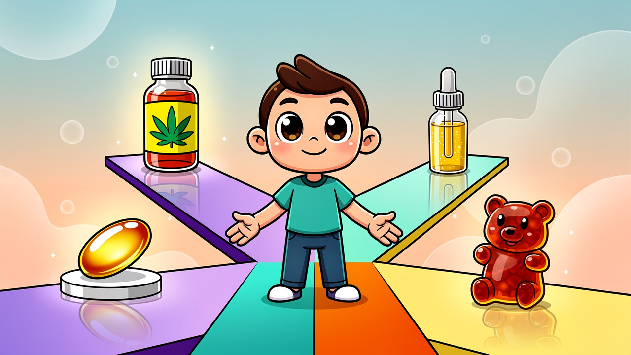 Cartoon character choosing alternative cannabis product formats