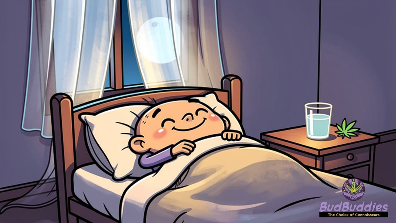 Cartoon character with balanced sleep routine and water on bedside