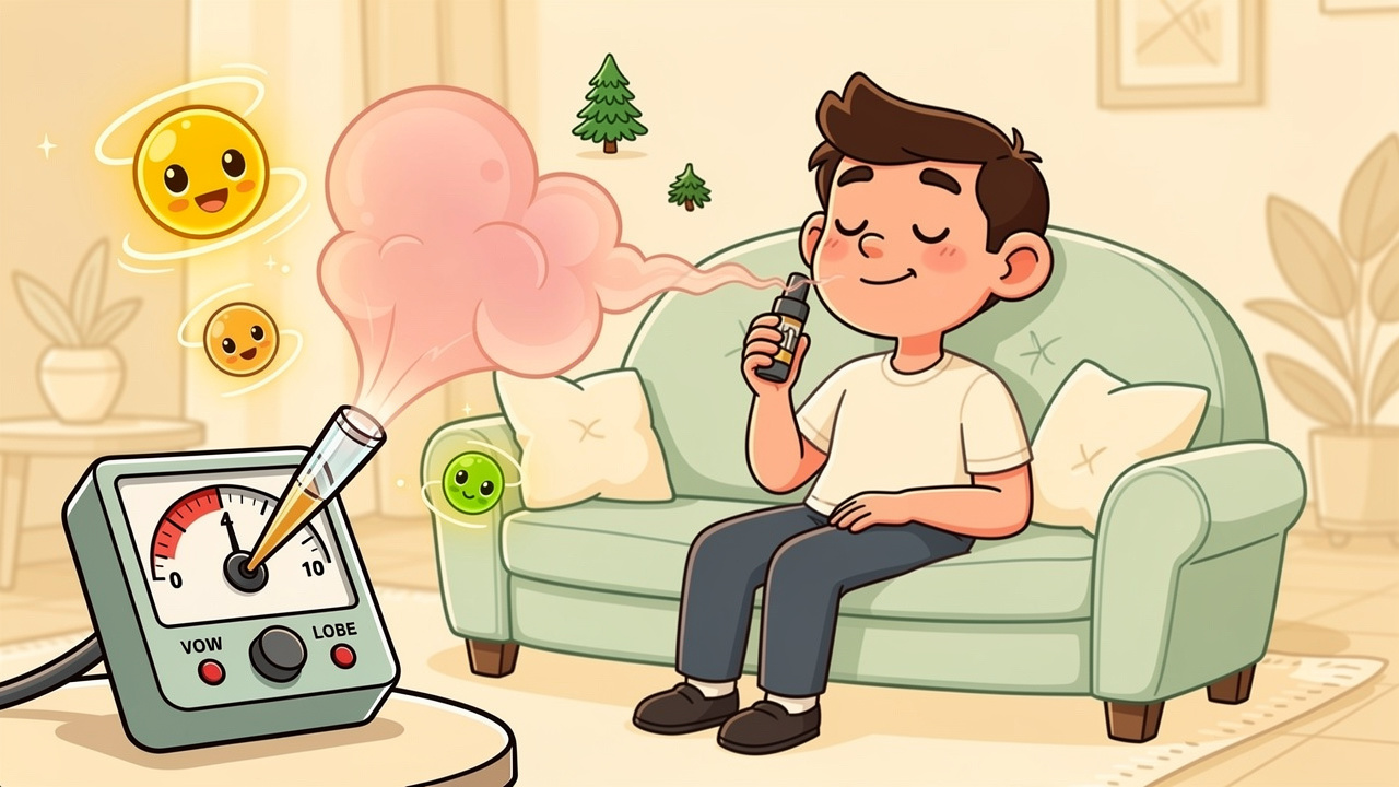 Cartoon beginner vaping live resin cart with gentle vapour clouds