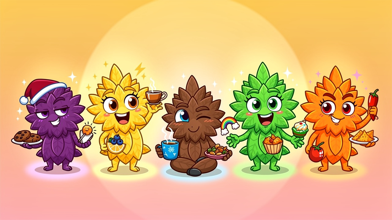 Cartoon cannabis strain characters in a colourful friendly lineup
