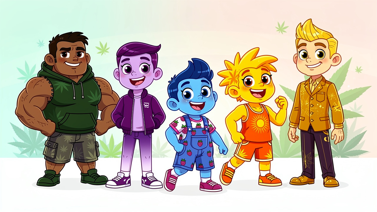 Colourful cartoon characters representing top cannabis strains