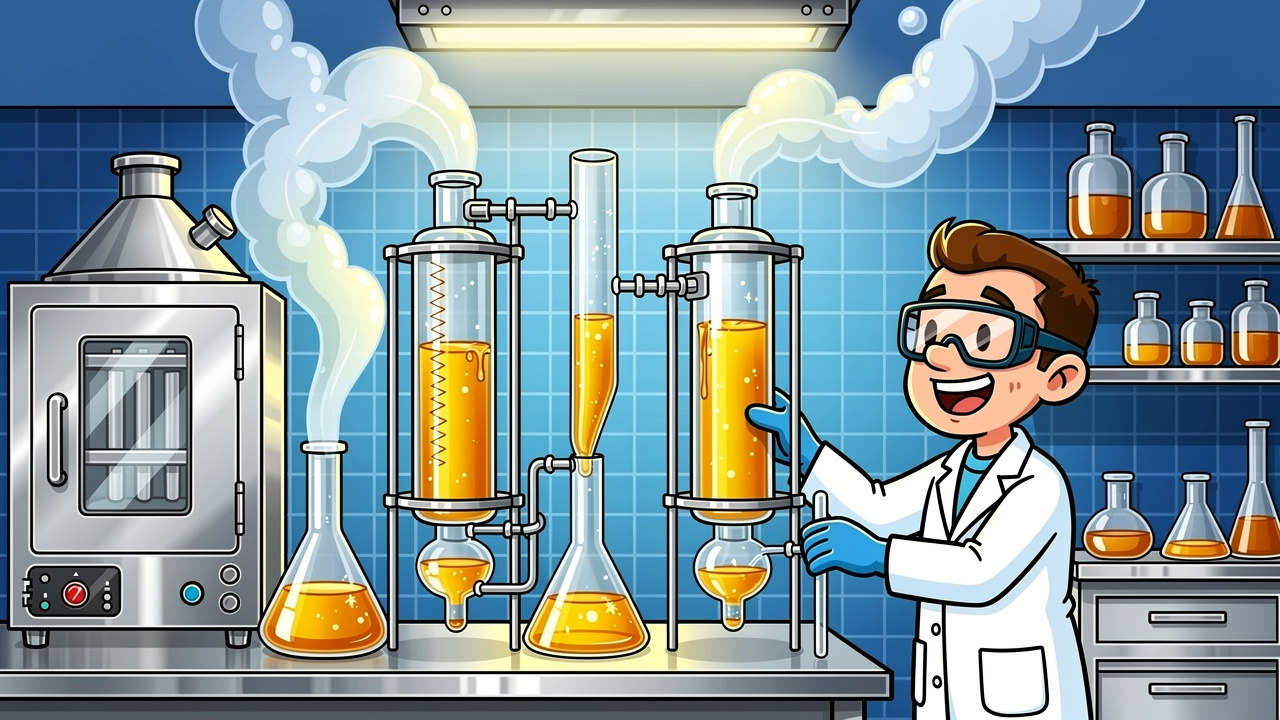 Cartoon depiction of professional BHO cannabis concentrate extraction process