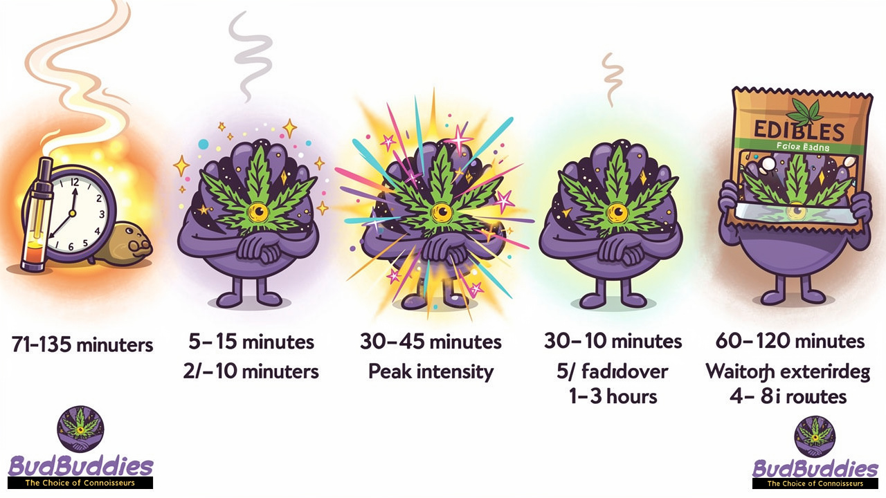 Cartoon timeline showing smoking versus edibles effects duration comparison