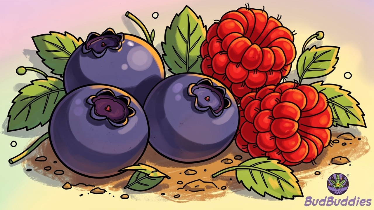 Colourful fresh berries and botanical elements in cartoon illustration style