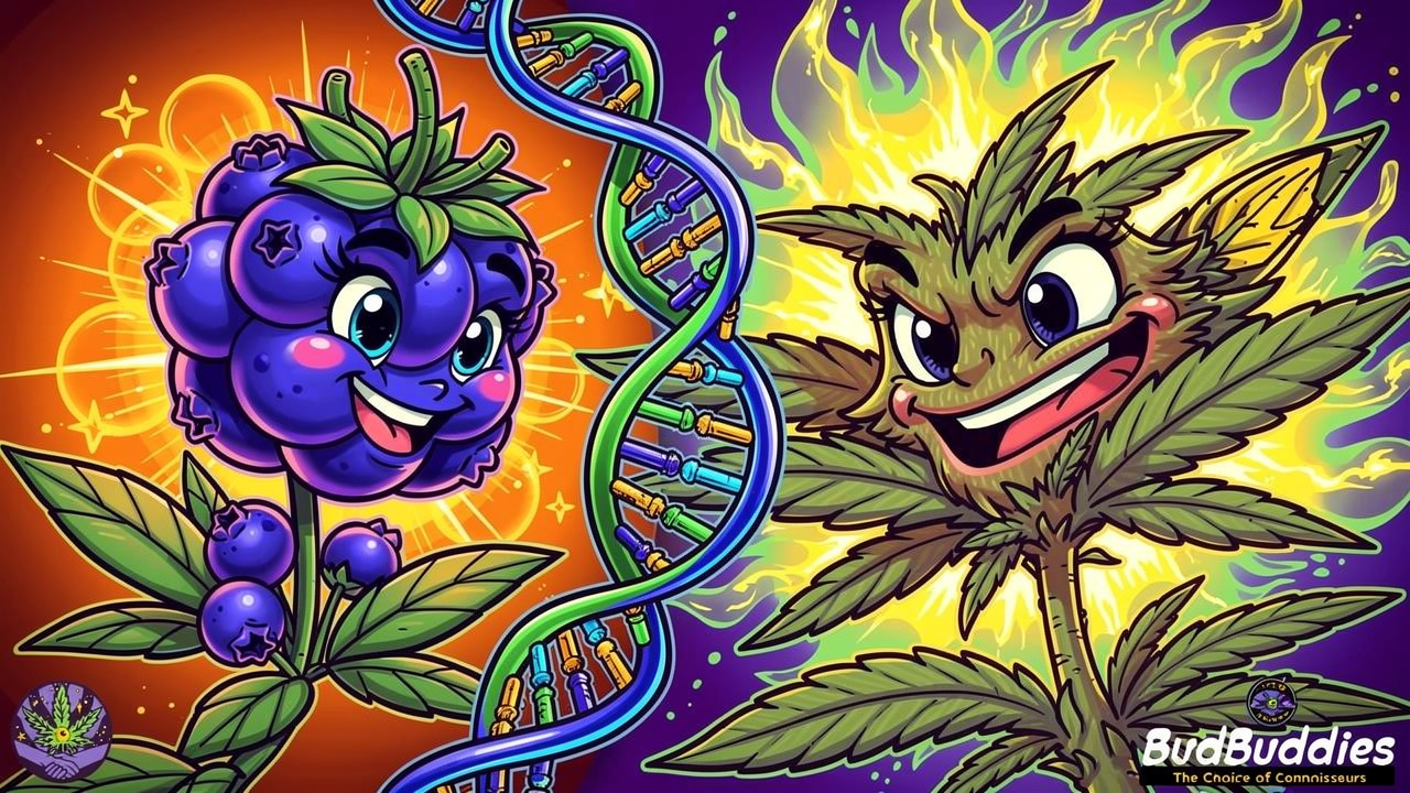 Animated cartoon plants showing blueberry and haze strain genetic blend