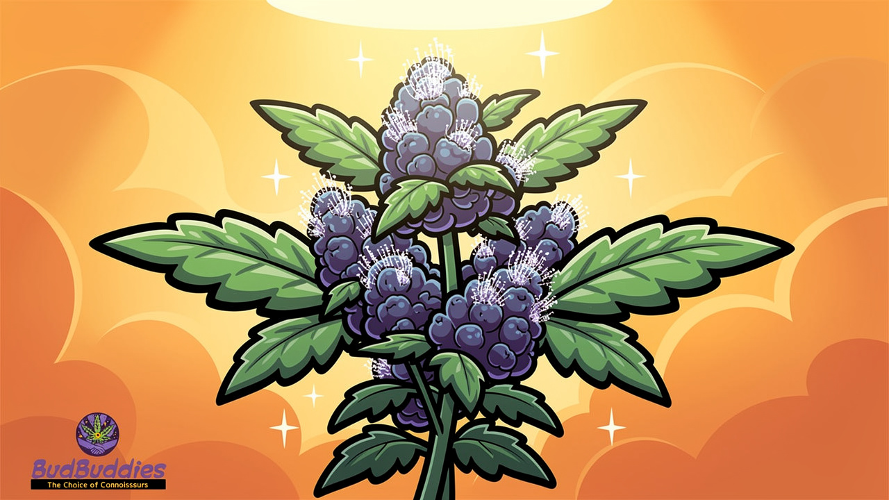 Thriving cannabis plant with dense purple buds during flowering stage