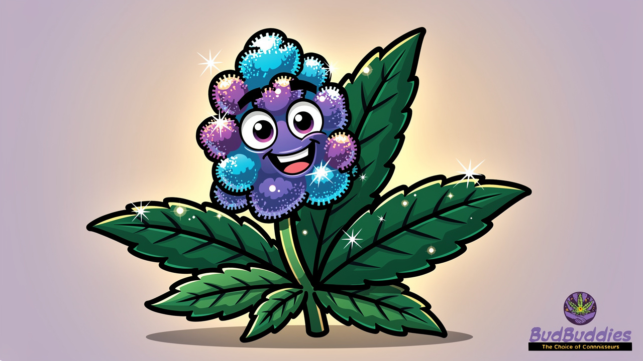 Animated cannabis plant with blue-purple buds and sparkling trichomes