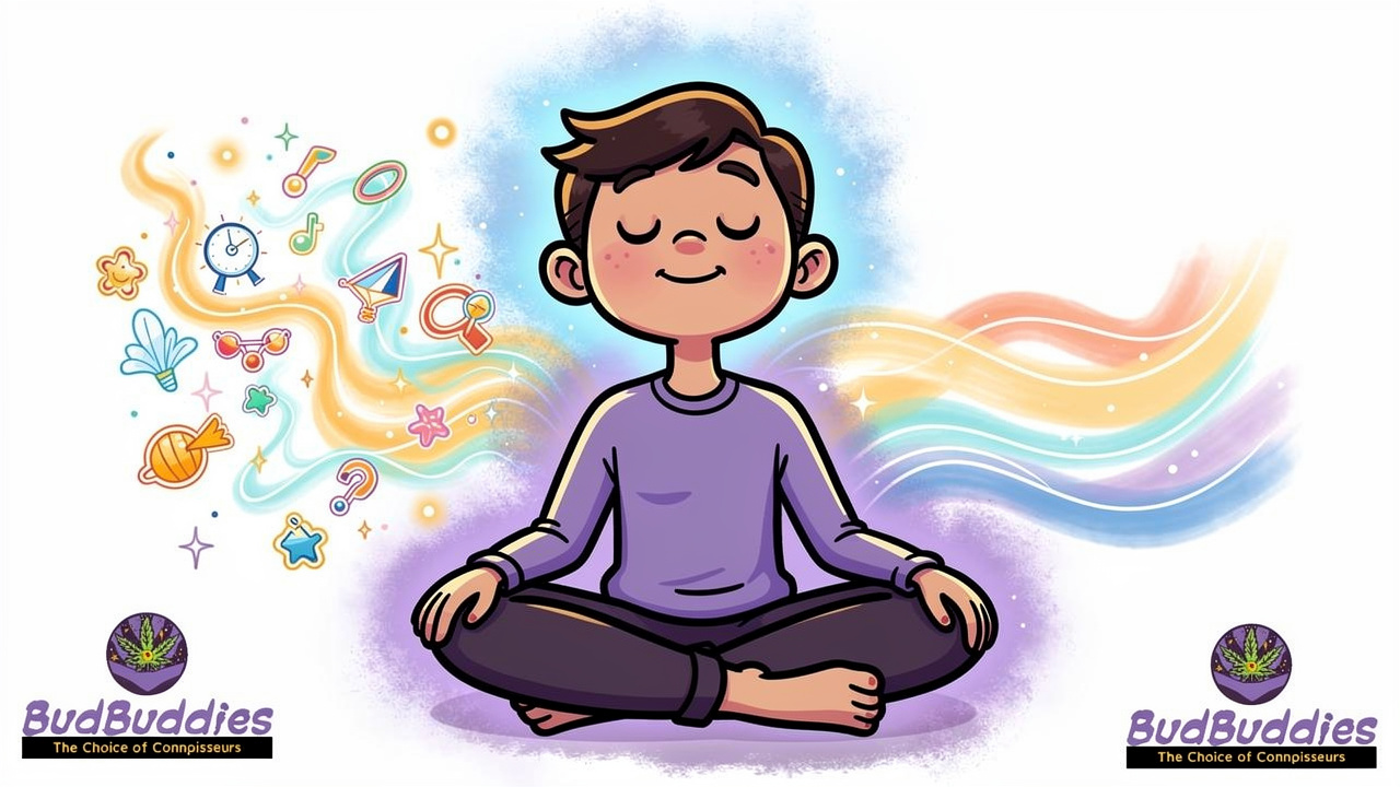 Cheerful cartoon figure showing balanced mood, relaxation and creative benefits
